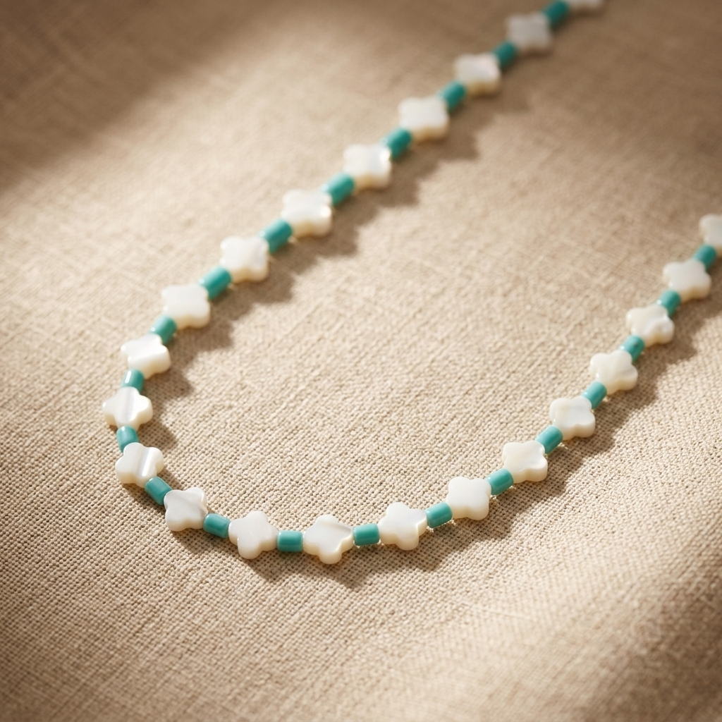 Mother of pearl clover necklace with teal accent beads