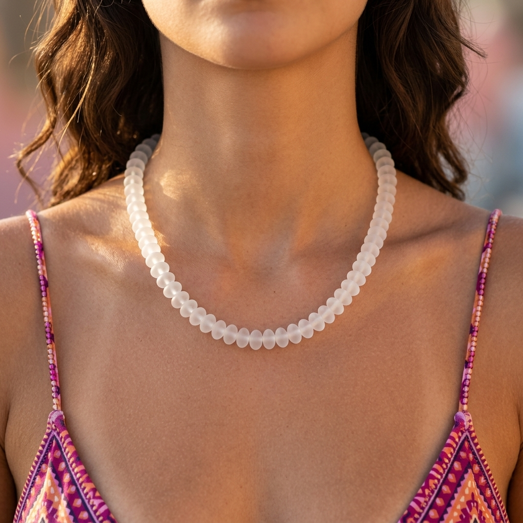 Sea Haze Necklace worn on model showcasing minimalist coastal boho style