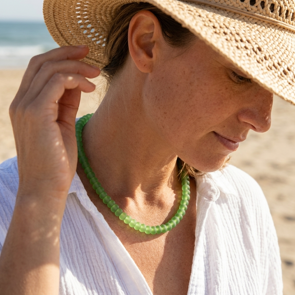 Sea Haze Necklace worn on model showcasing minimalist coastal boho style 2