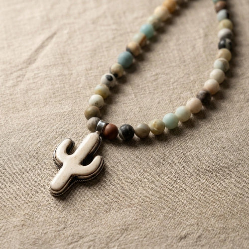Sundown Fossil Necklace – Amazonite Beads with Hand-Carved Cactus Pendant | Handmade Texas Hill Country Jewelry - Desert Gypsy