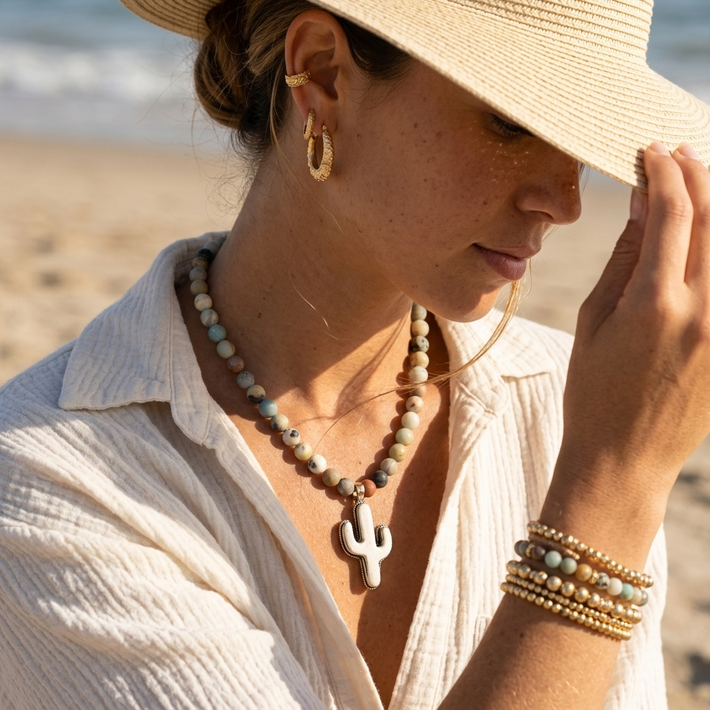 Sundown Fossil Necklace with amazonite beads and carved bone cactus pendant on rustic wood background