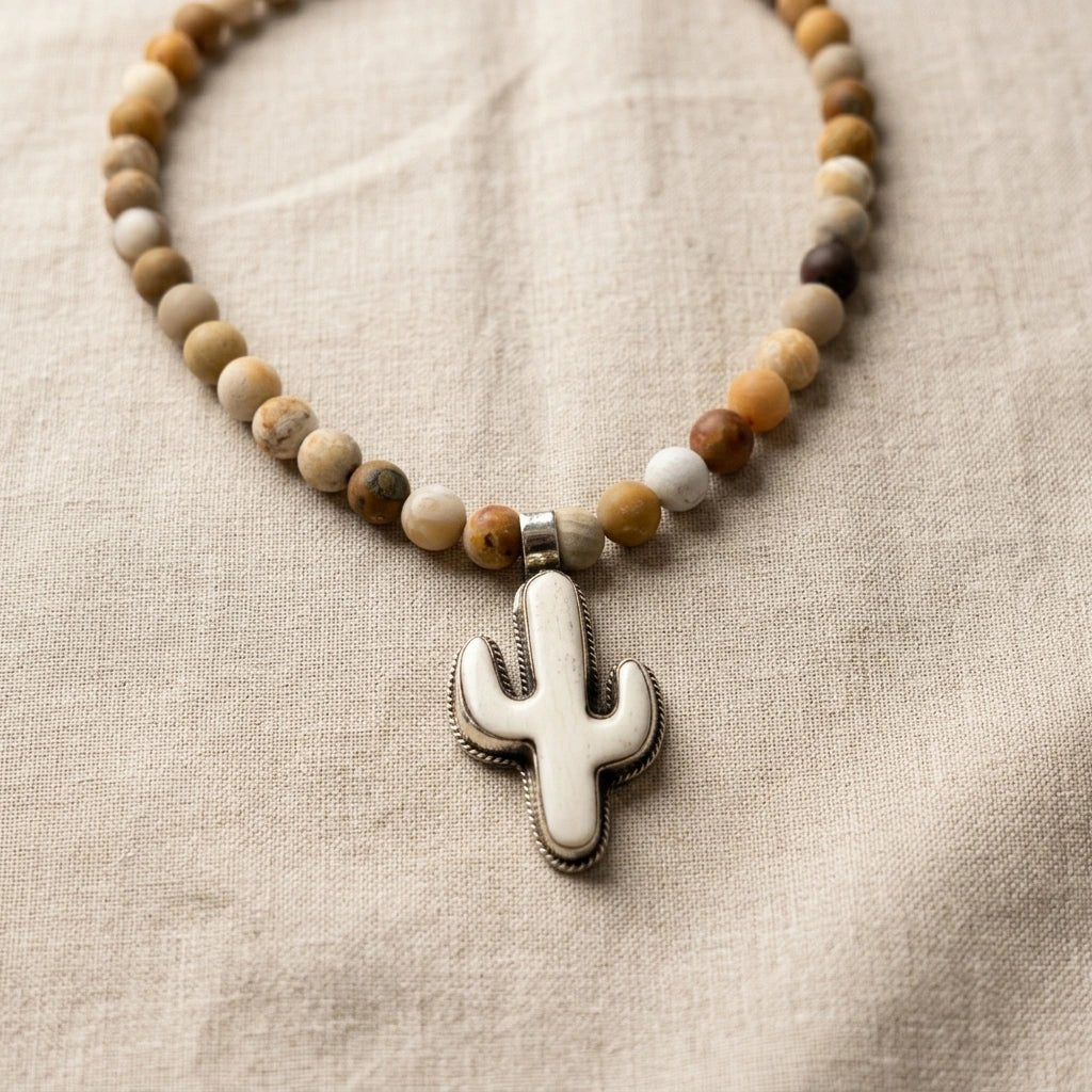 Sundown Fossil Necklace – Fossil Coral Beads with Hand-Carved Bone Cactus Pendant | Handmade Texas Hill Country Jewelry - Desert Gypsy
