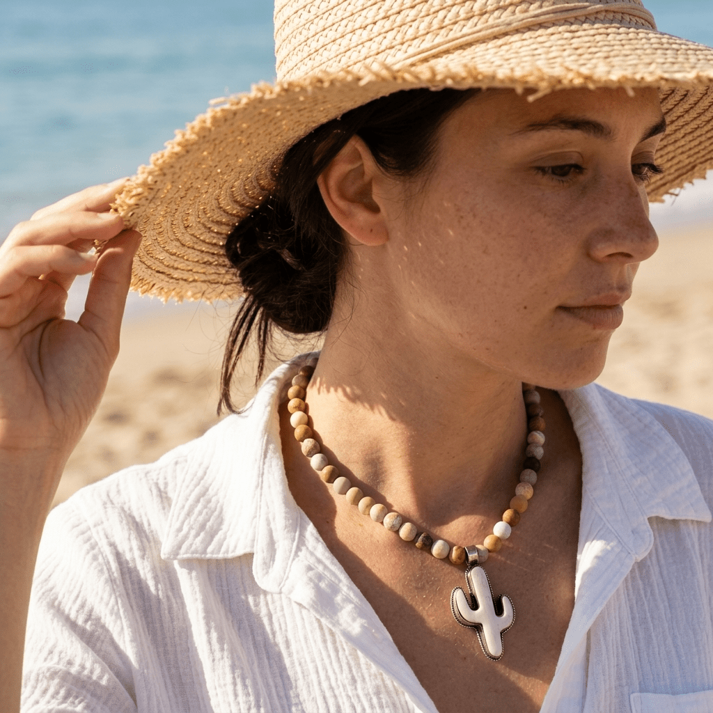 Sundown Fossil Necklace – Fossil Coral Beads with Hand-Carved Bone Cactus Pendant | Handmade Texas Hill Country Jewelry - Desert Gypsy