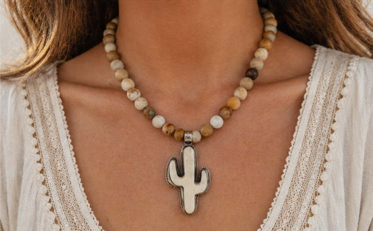 Sundown Fossil Necklace worn on model showcasing boho western style