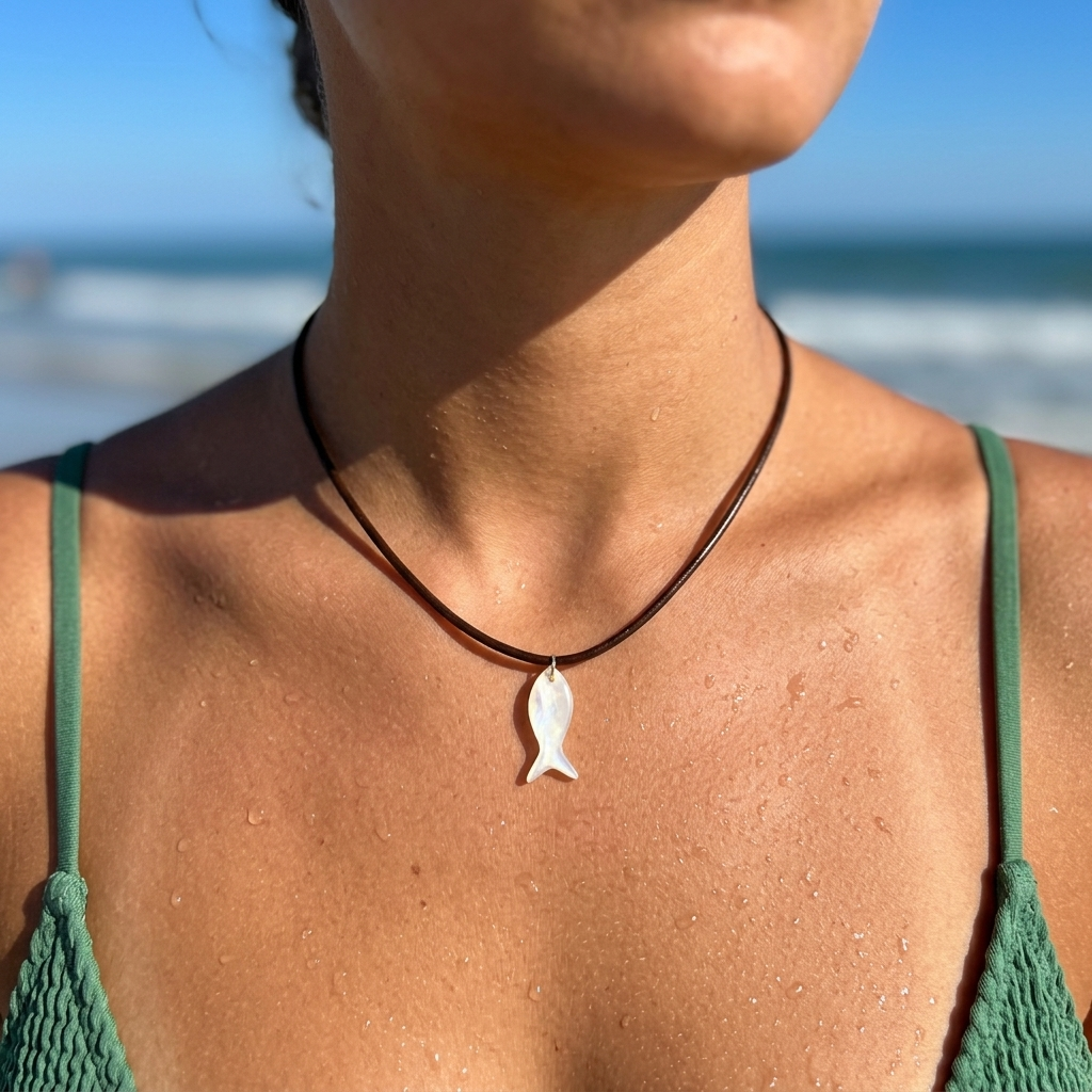 Tidal Drift Fish Necklace worn on model showcasing minimalist coastal boho style