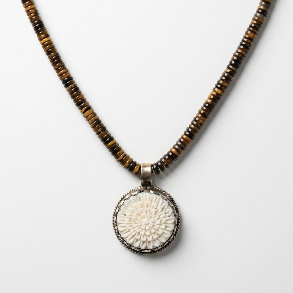 Tiger’s Eye Beaded Necklace with Carved Flower Pendant by Desert Gypsy - Desert Gypsy