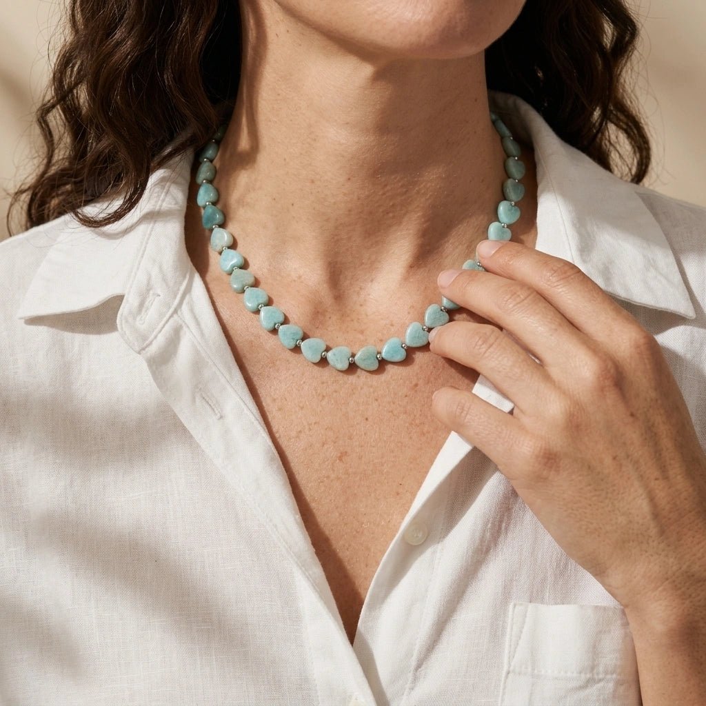 Turquoise Amazonite Beaded Necklace With Heart Shaped Beads - Desert Gypsy
