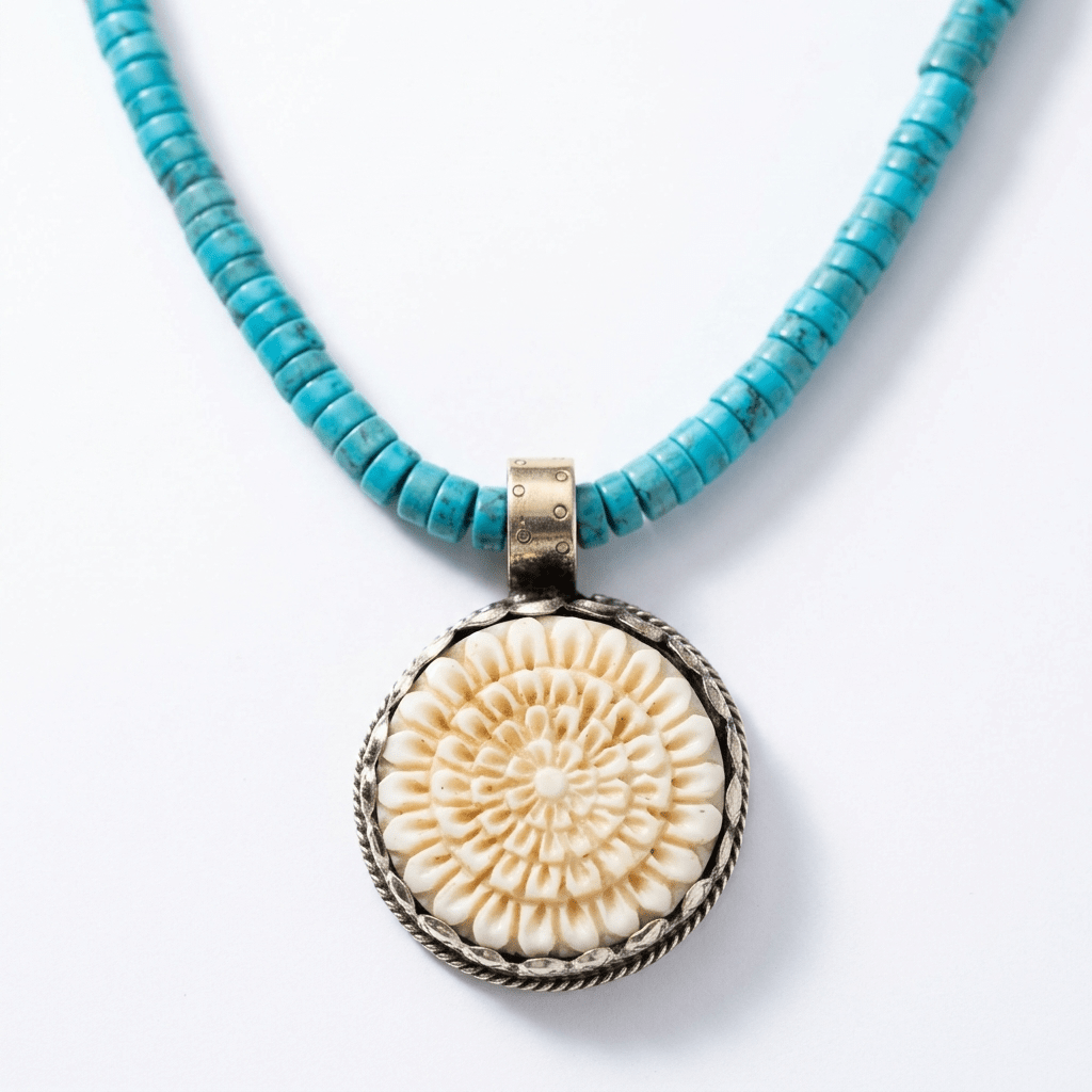 Turquoise Heishi Bead Necklace with Hand-Carved Flower Pendant - Desert Gypsy