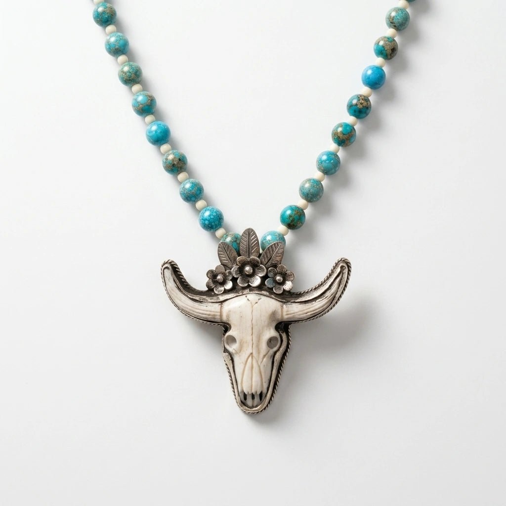 Turquoise Jasper Beaded Necklace with Carved Longhorn Pendant by Desert Gypsy - Desert Gypsy