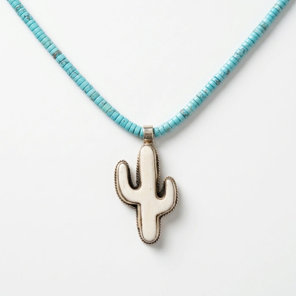 Turquoise necklace with handmade cactus pendant - Desert Gypsy