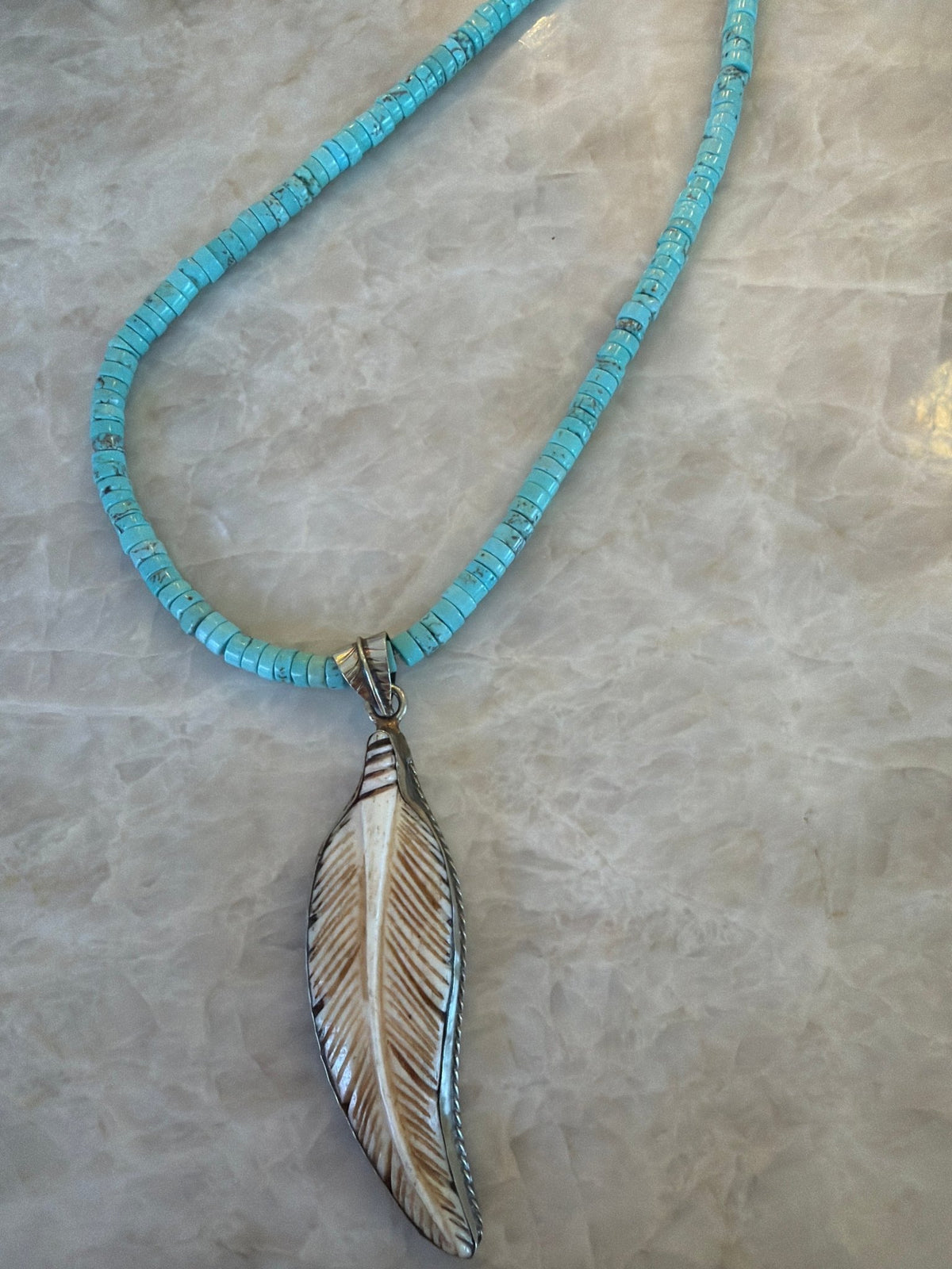 Turquoise necklace with handmade feather pendant - Desert Gypsy