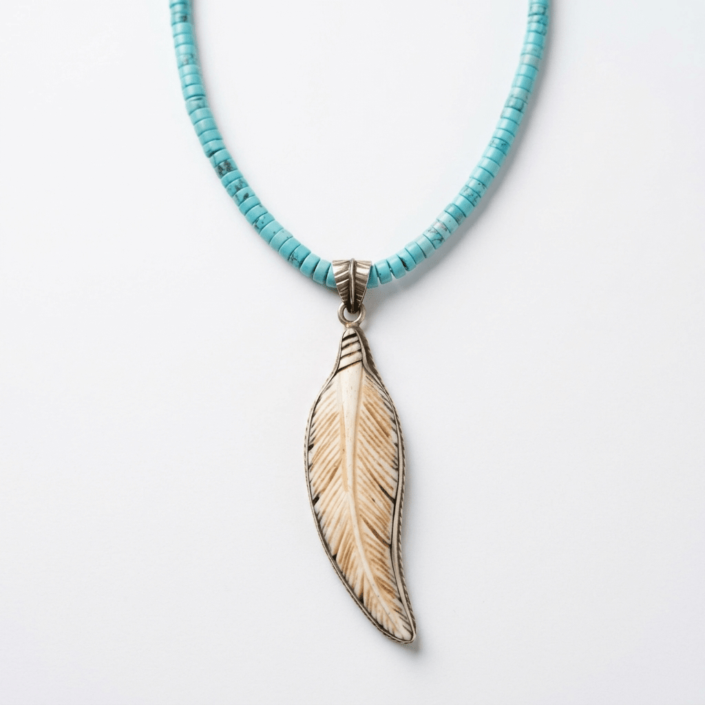 Turquoise Heishi Bead Necklace with Hand-Carved Feather Pendant - Desert Gypsy