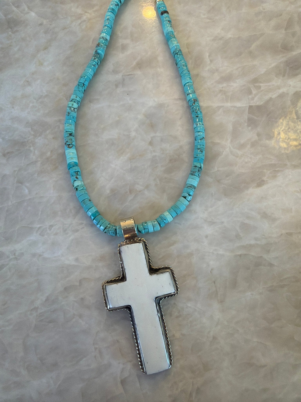 Turquoise necklace with handmade large cross pendant - Desert Gypsy