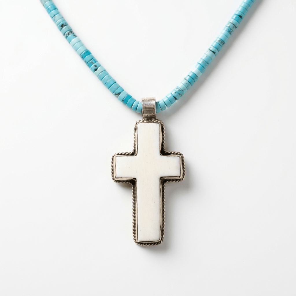 Turquoise necklace with handmade large cross pendant - Desert Gypsy