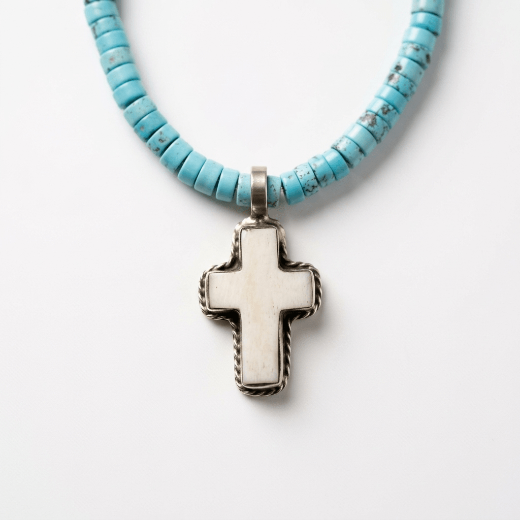 Turquoise necklace with handmade petite cross pendant - Desert Gypsy