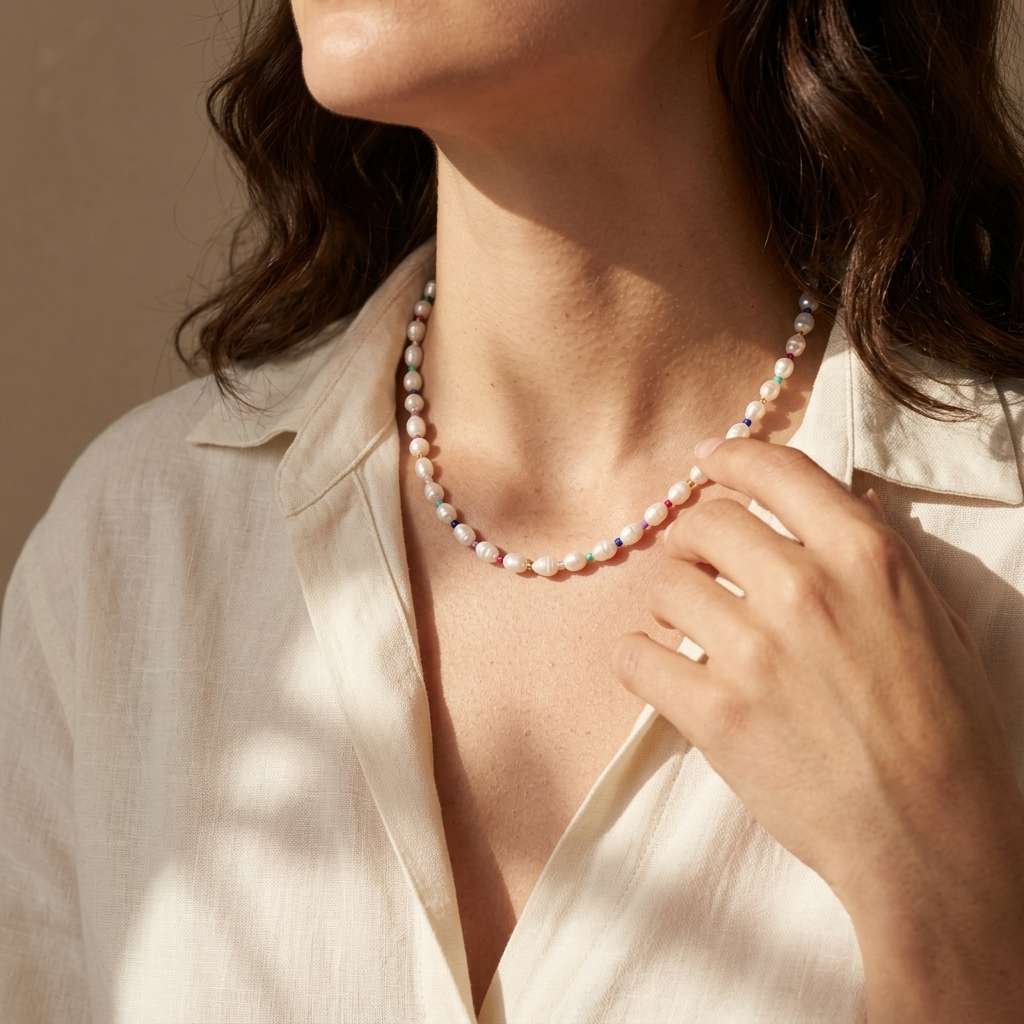 Person wearing a pearl necklace with a neutral background